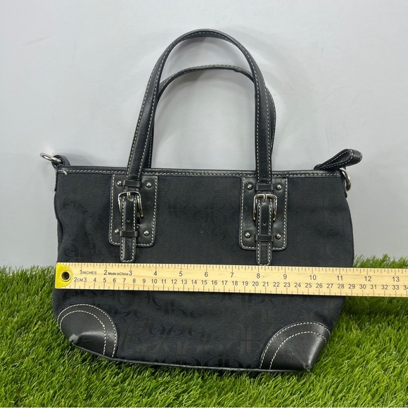 Fossil Black Leather Monogrammed Fabric Canvas Small Tote Satchel Handbag Purse - Picture 12 of 14